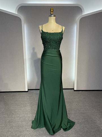 Niulatu Backless Mermaid Lace Green Long Prom Dress, Green Formal Elegant Evening Dress Wedding Guest Dress HZ1026
